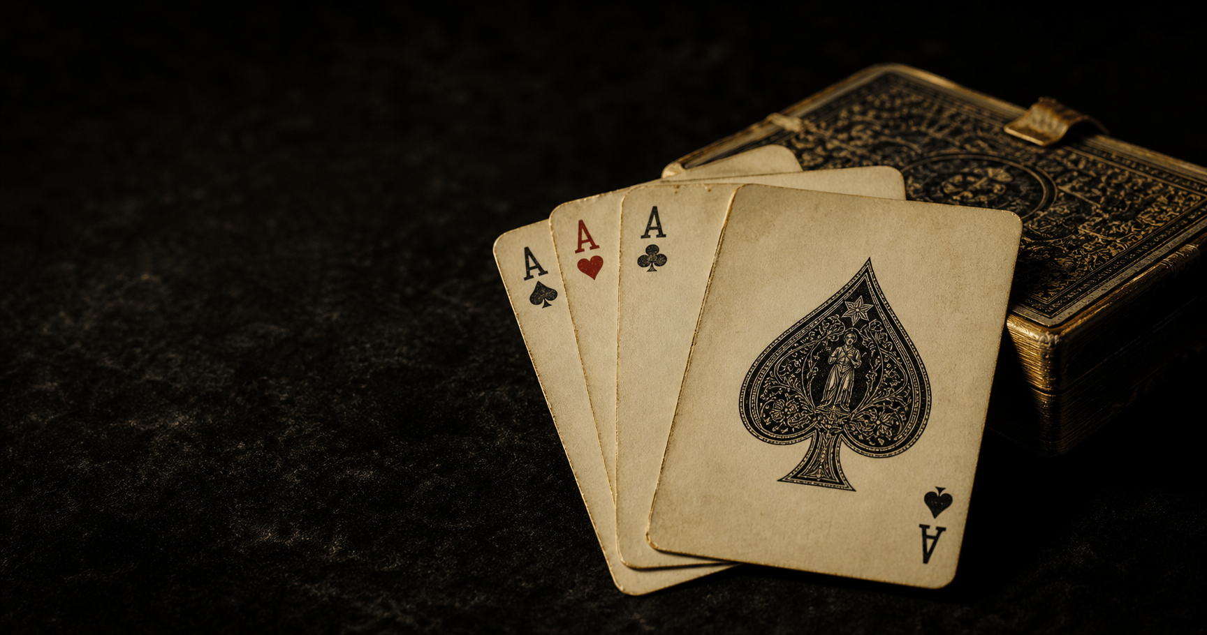 Antique aces of spades arranged beside an engraved deck